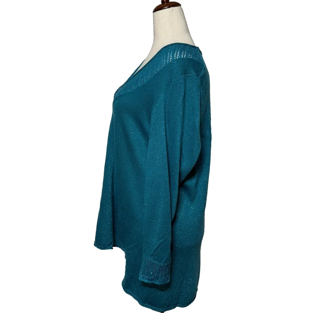 Catherines Sweater 2X 22-24W Teal Blue Green Metallic Sequin Open Knit‎ Neckline